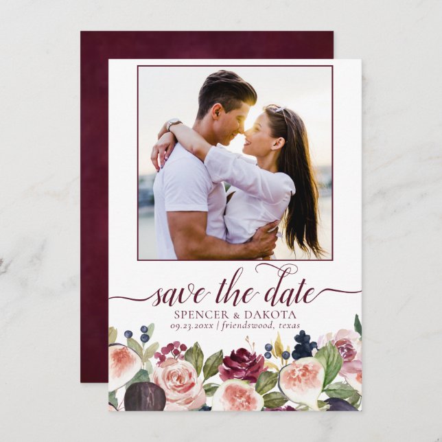 Blooming Figs | Moody Rustic Elegant Floral Photo Save The Date (Front/Back)