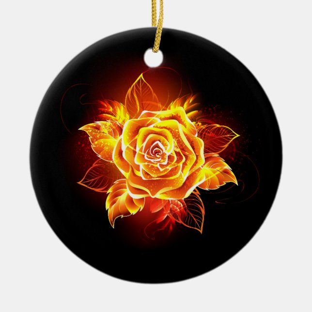 Blooming Fire Rose Ceramic Ornament (Front)