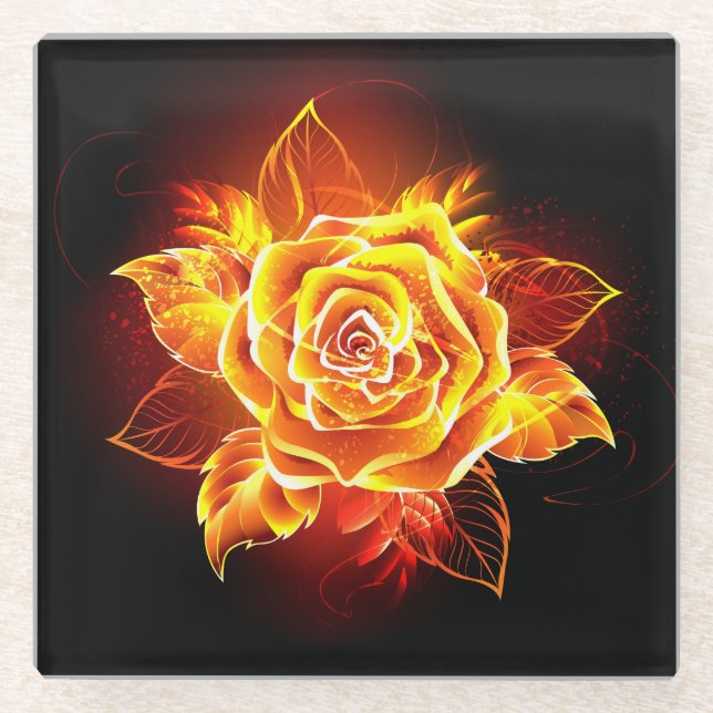 Blooming Fire Rose Glass Coaster (Front)