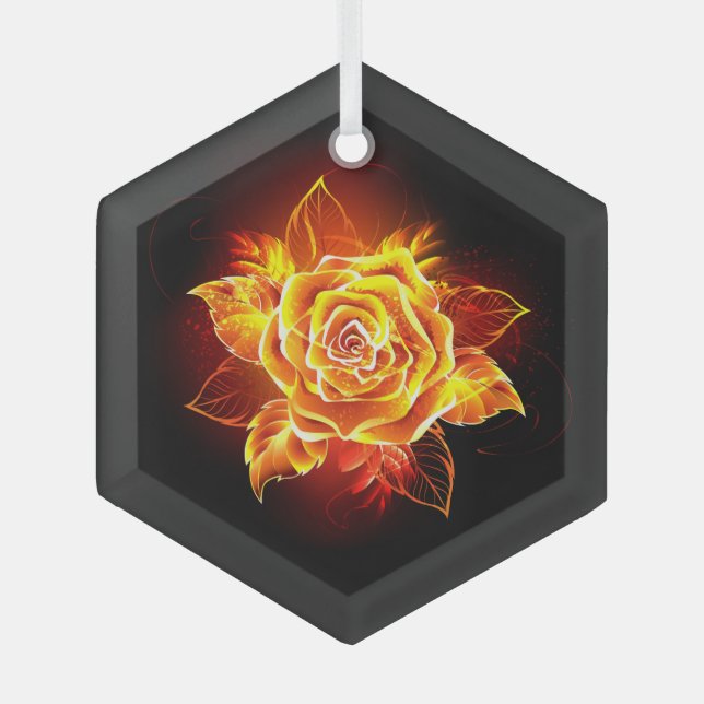 Blooming Fire Rose Glass Ornament (Front)