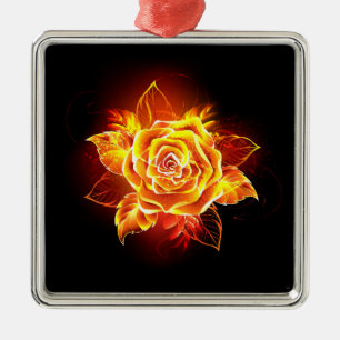 Blooming Fire Rose Metal Ornament