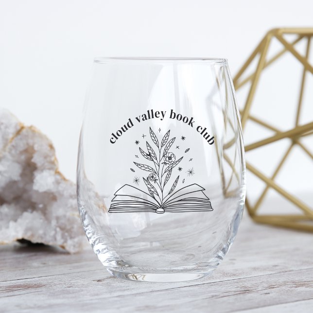 Blooming Floral Book Personalized Book Club Stemless Wine Glass (Creator Uploaded)