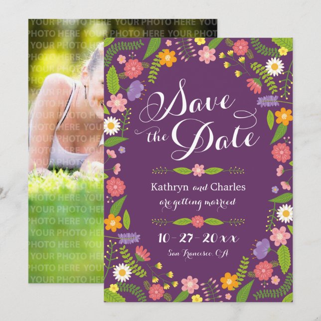 Blooming Floral Frame Rustic Photo Save the Date Invitation (Front/Back)