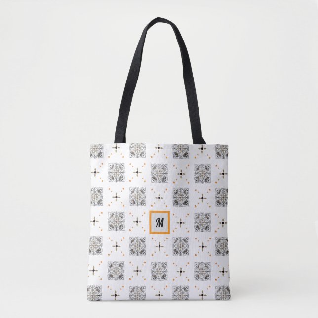 Blooming Floral Hand-Drawn Doodle with Monogram Tote Bag (Front)