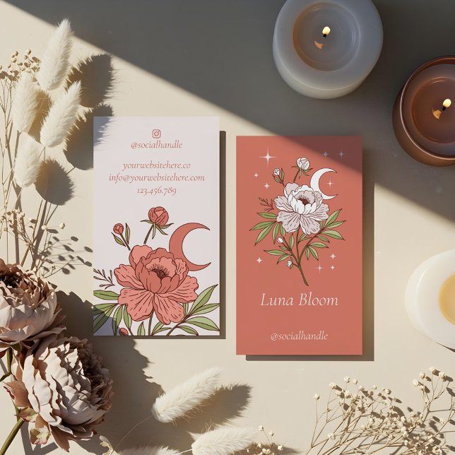 Blooming Floral Peony Celestial Holistic Moon  Business Card (Blooming Floral Peony Celestial Holistic Moon Business Card)