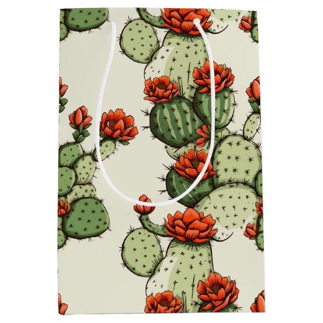 Blooming Flowers Green Cactus Plant Medium Gift Bag (Front)