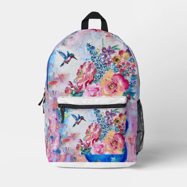 Blooming Flowers & Hummingbird Oil Pastel Artwork Printed Backpack (Front)