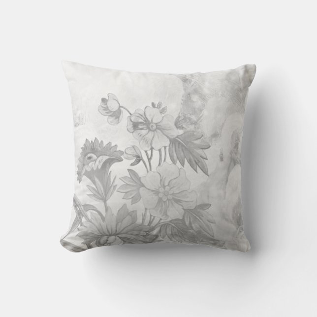 Blooming Flowers Soft Grey & White Throw Pillow (Front)