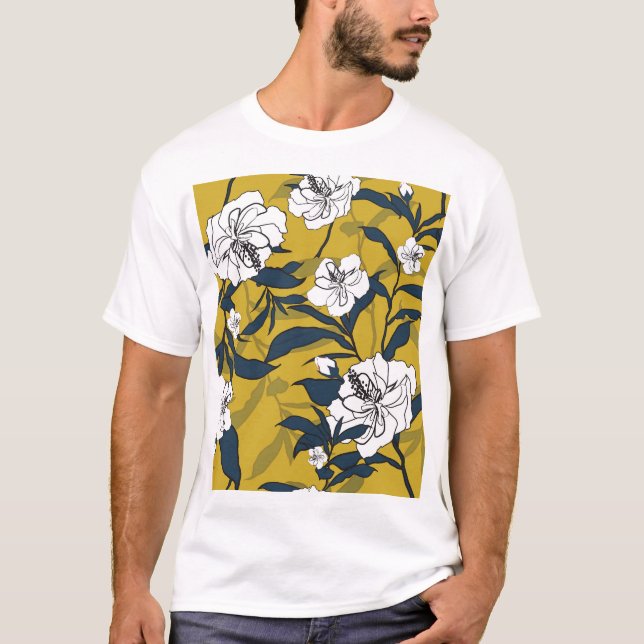 Blooming Flowers: Yellow Vintage Seamless. T-Shirt (Front)