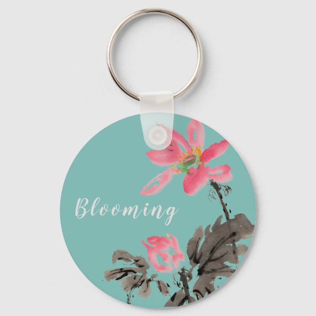 Blooming Freehand Watercolor Floral Lotus Keychain (Front)