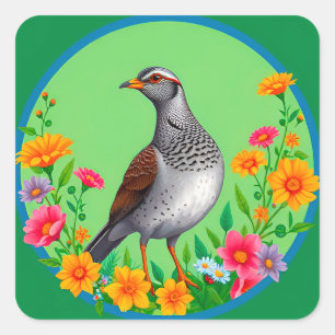 🐦 Blooming Garden Bird Colourful Floral Green  Square Sticker