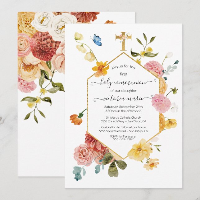 Blooming Garden Floral Light & Airy 1st Communion Invitation (Front/Back)