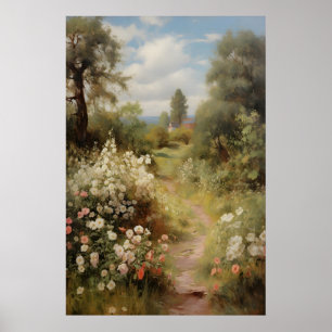 Blooming Garden Path Vintage Spring , Antique Oil Poster