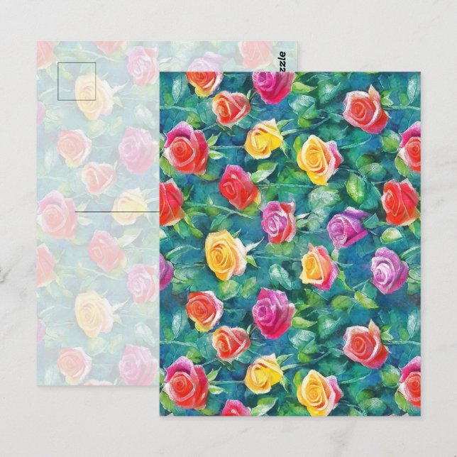 Blooming garden rose bush watercolor pattern postcard (Front/Back)