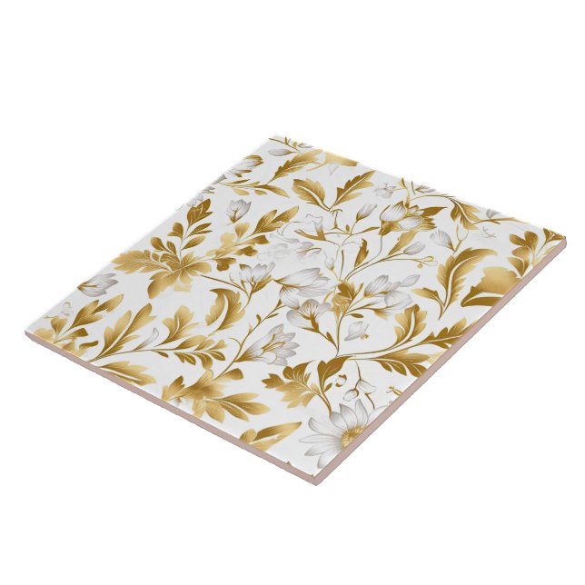Blooming Gold Floral Branch On White Background Tile (Side)