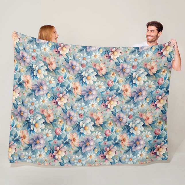 Blooming Harmony: A Symphony of Watercolor Flowers Fleece Blanket (In Situ)