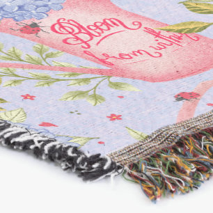 Blooming Hydrangea Cottagecore Pink Watering Cans  Throw Blanket