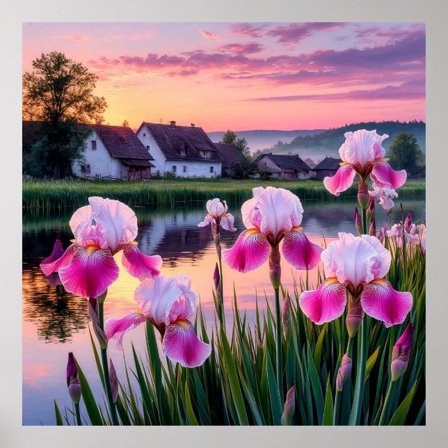 Blooming Irises by a Tranquil Lake at Sunset Poster (Front)