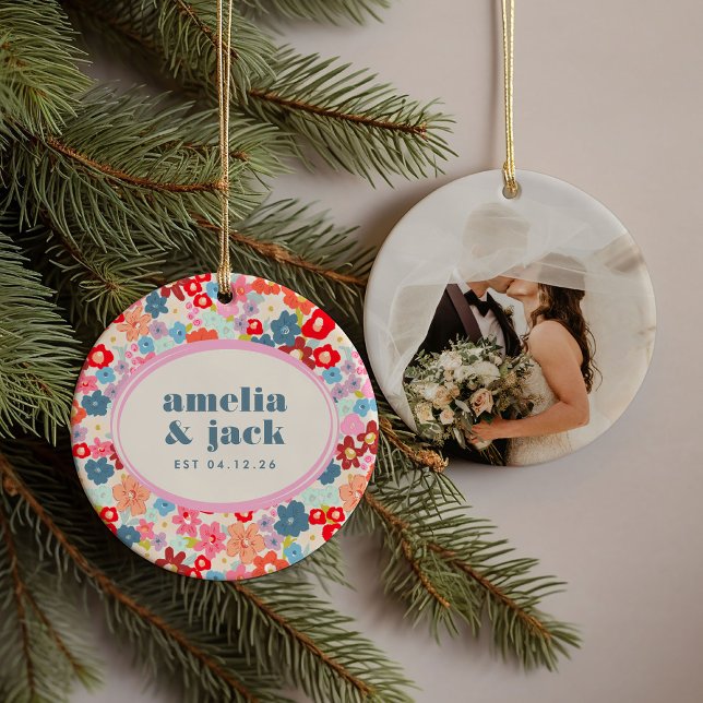 Blooming Joy Bright Bold Floral Wedding Date Photo Ceramic Ornament (This bright bold pink and red floral photo wedding ornament will add maximalist fun to your tree! )