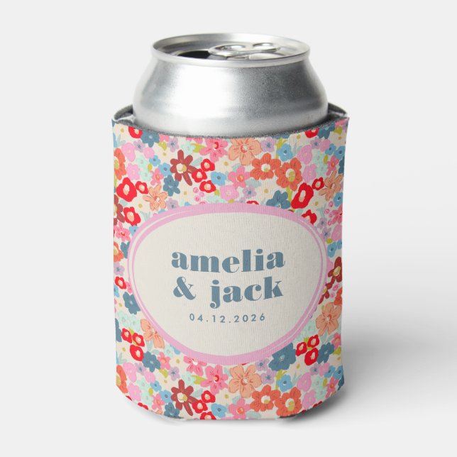 Blooming Joy Bright Floral Maximalist Wedding Can Cooler (Can Front)