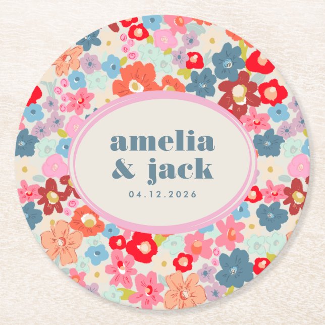 Blooming Joy Bright Floral Maximalist Wedding Round Paper Coaster (Front)