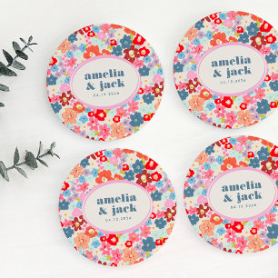 Blooming Joy Bright Floral Maximalist Wedding Round Paper Coaster