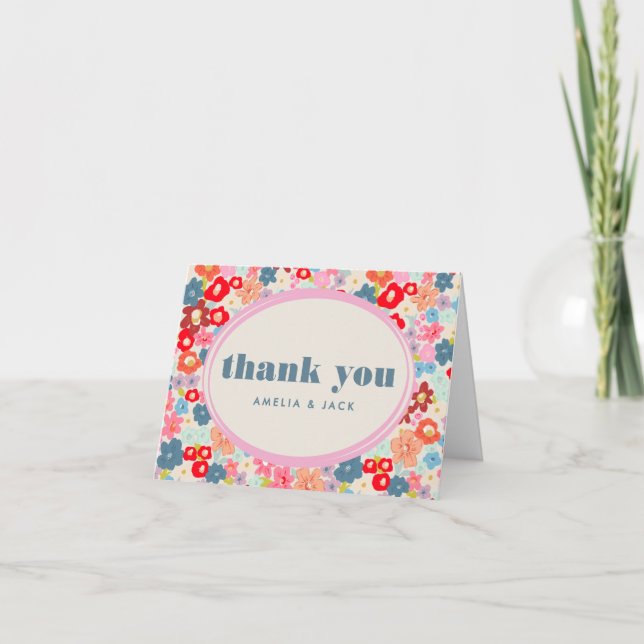 Blooming Joy Bright Floral Maximalist Wedding Thank You Card (Front)