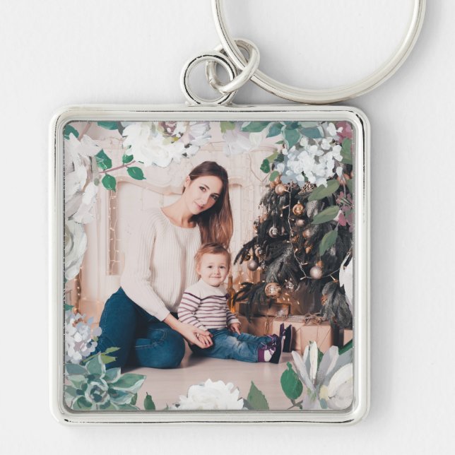 Blooming Joy Floral Christmas Photo Keychain (Front)