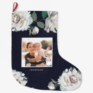 Blooming Joy Floral Photo Christmas Stocking Blue