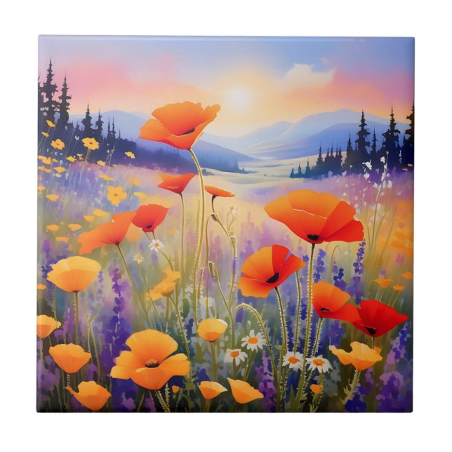 Blooming Landscape Wildflowers in Watercolor Tile (Front)