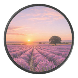 Blooming Lavender Field at Golden Sunset Provence Hockey Puck