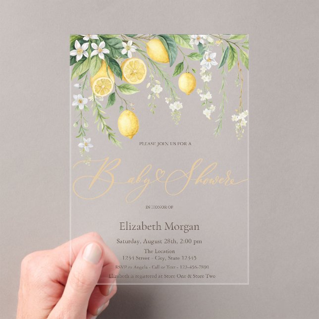  Blooming Lemons Pink Striped Baby Shower Acrylic Invitations (Insitu (Handheld))