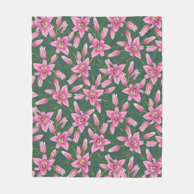 Blooming Lilies in Deep Green Fleece Blanket (Front)