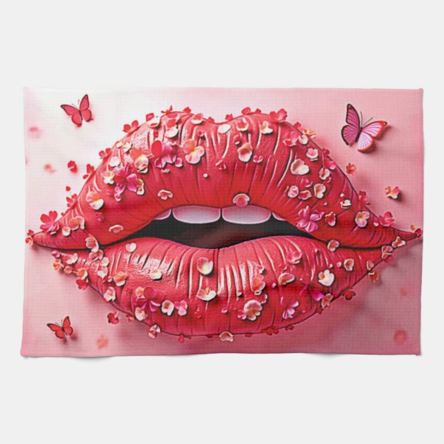 Blooming Lips: Floral Butterfly Kiss Kitchen Towel (Horizontal)