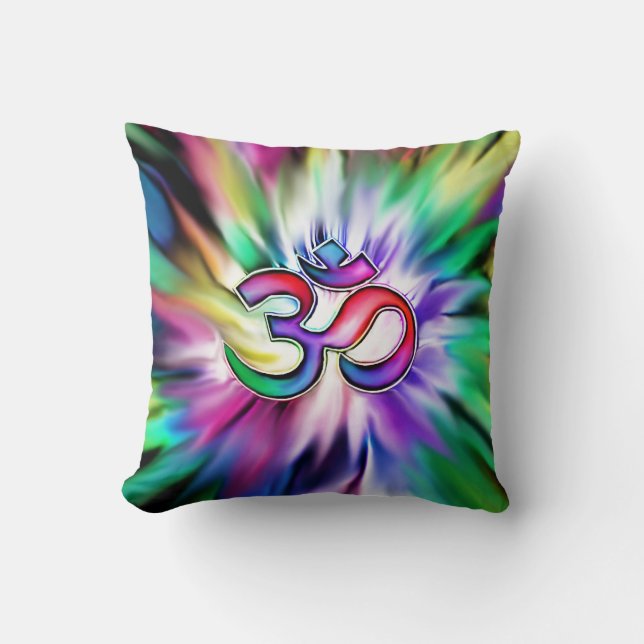 Blooming Lotus Flower Rainbow OM Throw Pillow (Front)