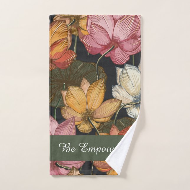 Blooming Lotus Water Lilies on Black Exercise Hand Towel (Hand Towel)