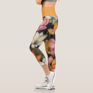 Blooming Lotus Water Lilies on Charcoal Black Capr Capri Leggings