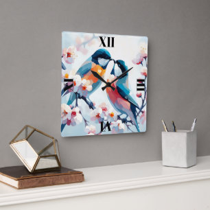 Blooming lovebirds square wall clock