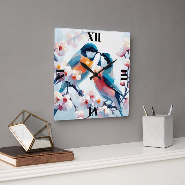 Blooming lovebirds square wall clock (Office)
