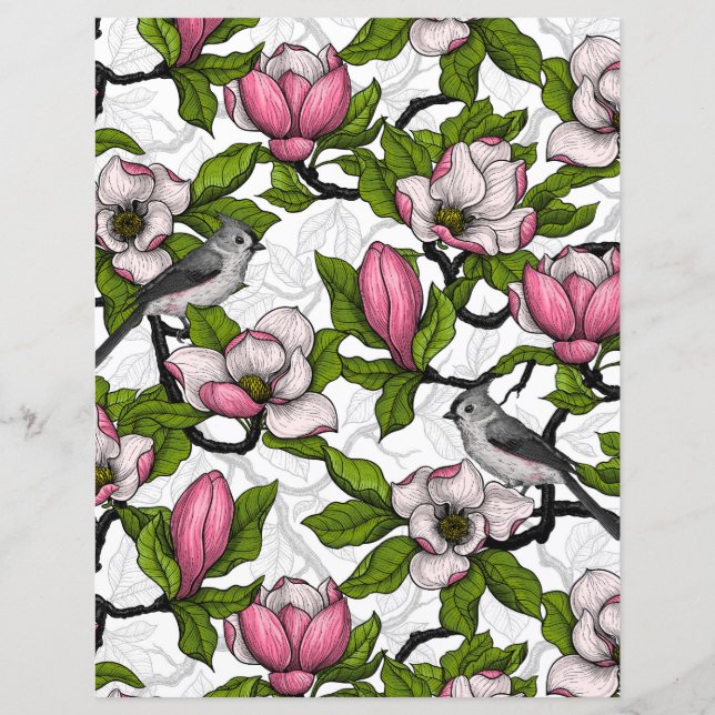 Blooming magnolia and titmouse bird (Front)