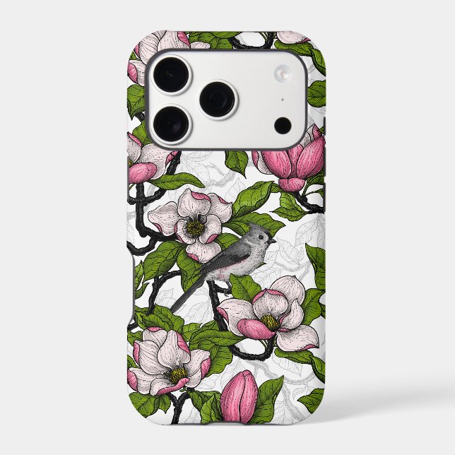 Blooming magnolia and titmouse bird (Back)