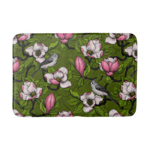 Blooming magnolia and titmouse bird 2 bath mat