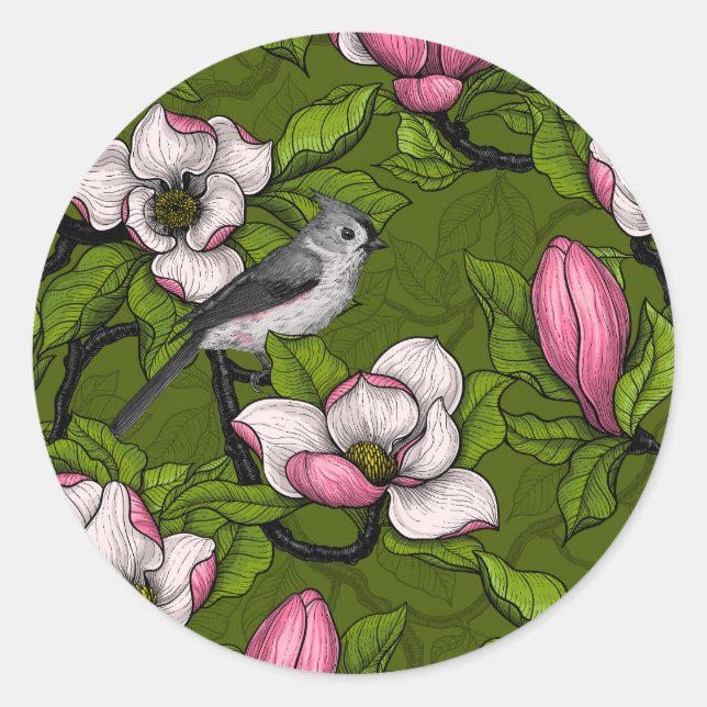 Blooming magnolia and titmouse bird 2 classic round sticker (Front)