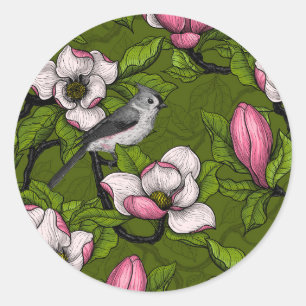 Blooming magnolia and titmouse bird 2 classic round sticker