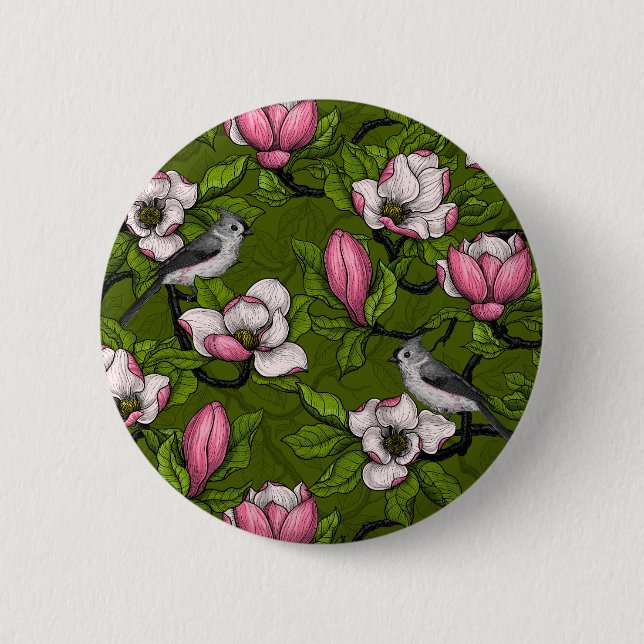 Blooming magnolia and titmouse bird 2 inch round button (Front)