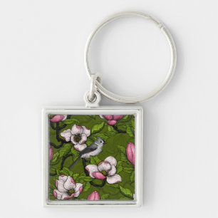 Blooming magnolia and titmouse bird 2 keychain