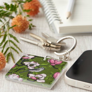 Blooming magnolia and titmouse bird 2 keychain