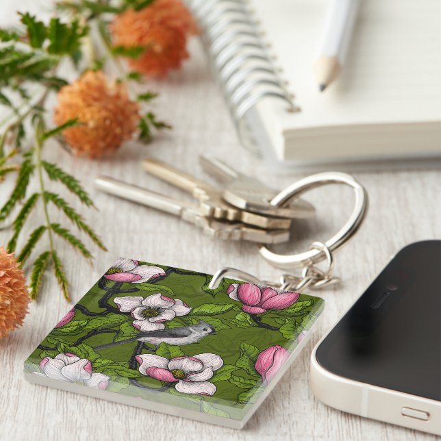 Blooming magnolia and titmouse bird 2 keychain (Front Right)