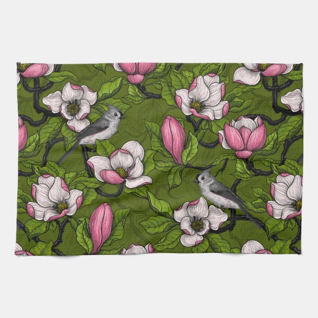 Blooming magnolia and titmouse bird 2 kitchen towel (Horizontal)