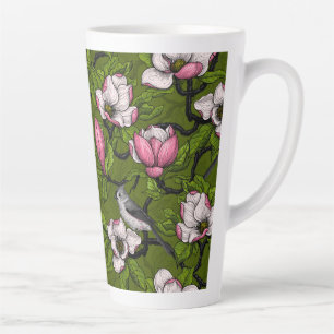 Blooming magnolia and titmouse bird 2 latte mug